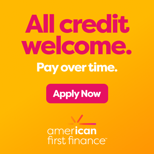 Advertisement for American First Finance: orange gradient background with bold pink text 'All credit welcome. Pay over time.' and a pink 'Apply Now' button; company logo at the bottom.