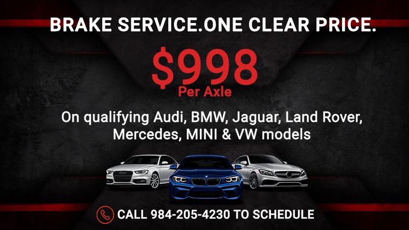 Brake service ad: 8 per axle for Audi, BMW, Jaguar, Land Rover, Mercedes, MINI and VW; three cars pictured with a call-to-schedule number.