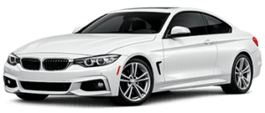 Front three-quarter view of a white BMW sedan with alloy wheels and sleek lines, facing left