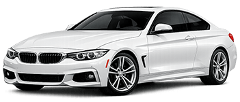 Front three-quarter view of a white BMW sedan with alloy wheels and sleek lines, facing left