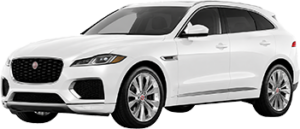 White Jaguar F-Type sports car, viewed from front-left, showing its low stance, alloy wheels, and red brake calipers?