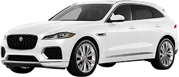 White Jaguar F-Type sports car, viewed from front-left, showing its low stance, alloy wheels, and red brake calipers?