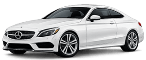 White Mercedes-Benz two-door coupe shown from a front-left three-quarter angle, highlighting the grille and alloy wheels.