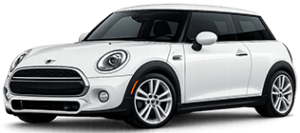 White Mini Cooper hatchback with a black roof, shown in a three-quarter view.