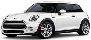 White Mini Cooper hatchback with a black roof, shown in a three-quarter view.