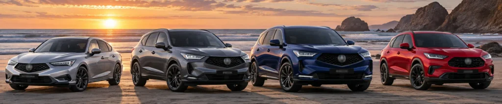Five modern Acuras in silver, gray, blue, and red parked on a sandy beach at sunset with rocky cliffs in the distance.