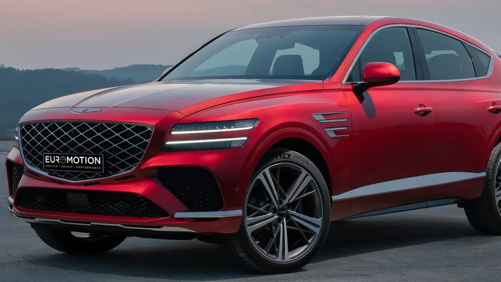 Red Genesis SUV parked at sunset